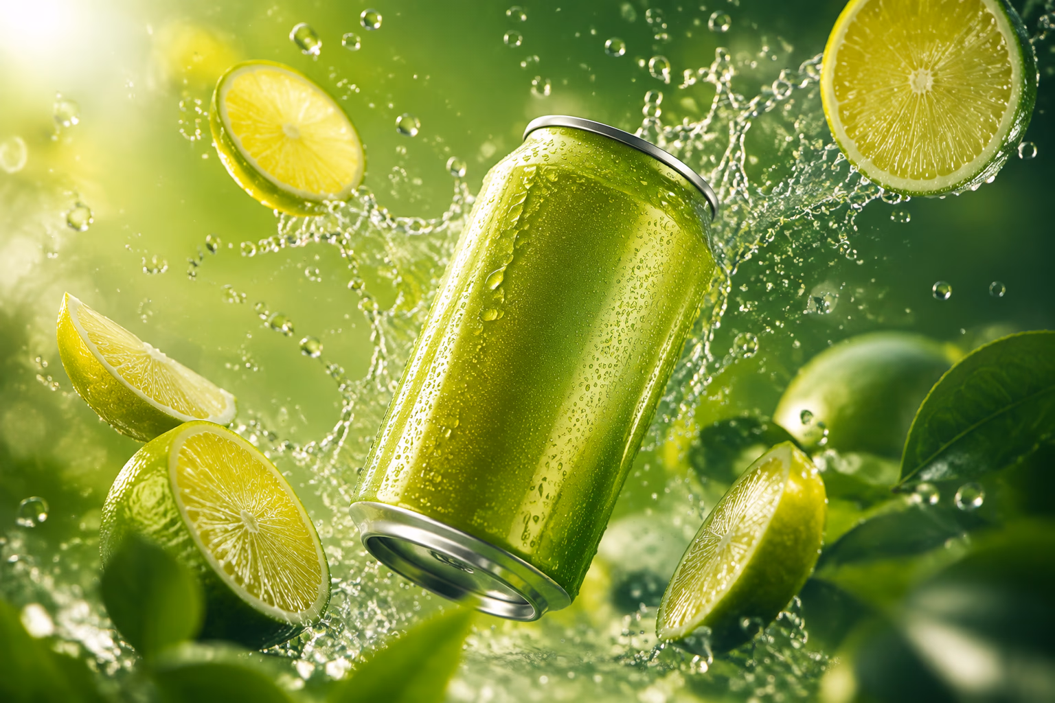 Surreale Produktinszenierung einer limettengrünen Getränkedose zwischen schwebenden Zitrusscheiben und Wassertropfen