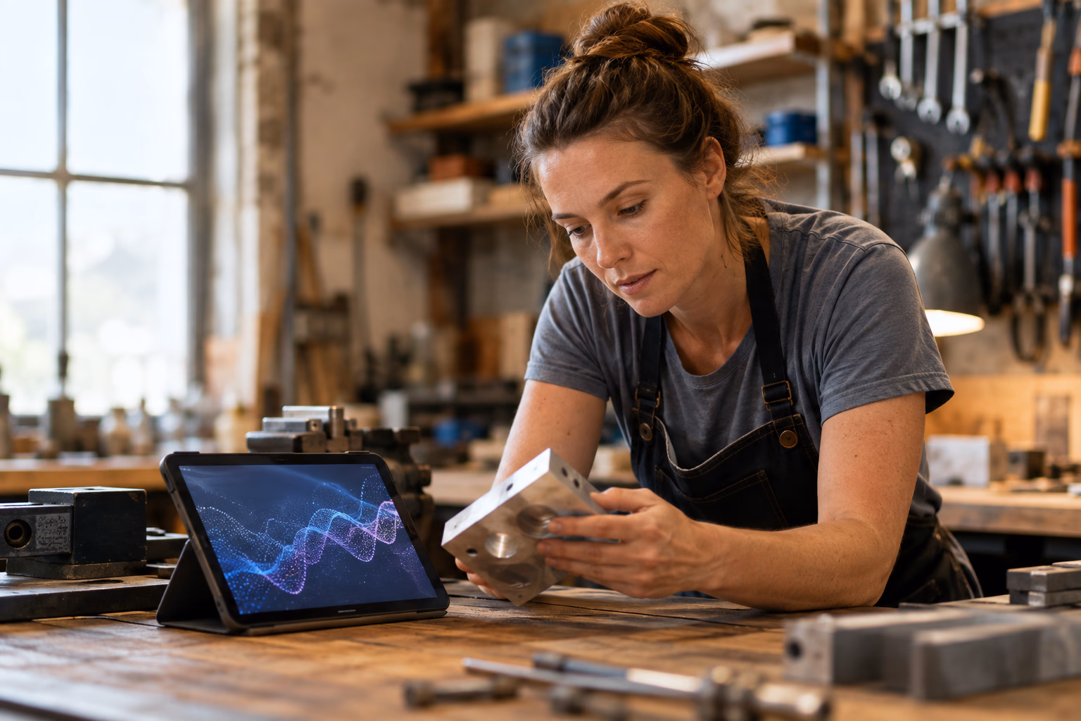 Fotografisches Editorial einer kleinen Werkstatt: eine Handwerkerin betrachtet ein Werkstück neben einem Tablet mit abstrakter Analyse
