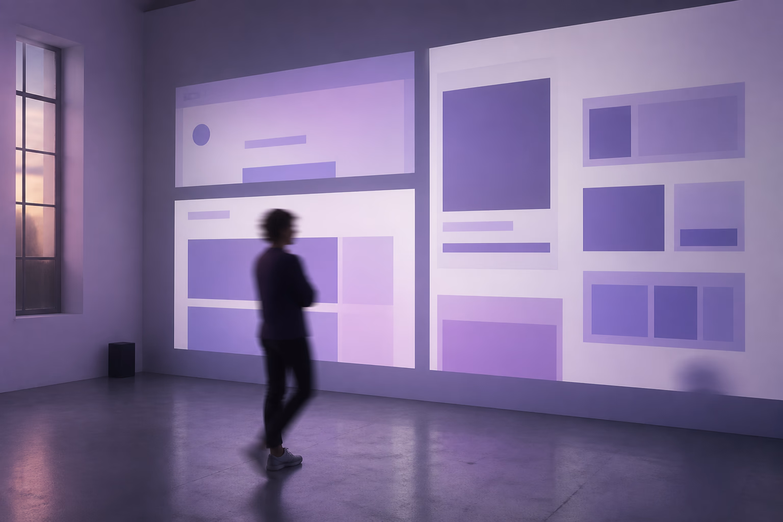 Editorial-Fotografie einer Wandprojektion abstrakter Website-Layouts in einem leeren Studio