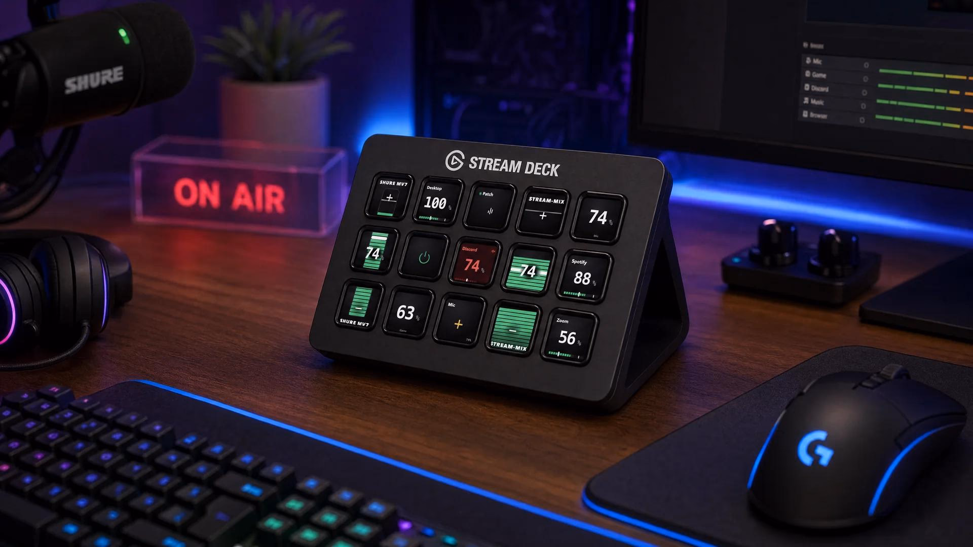 Stream Deck auf Gaming-Setup mit Mikrofon, Tastatur und Maus