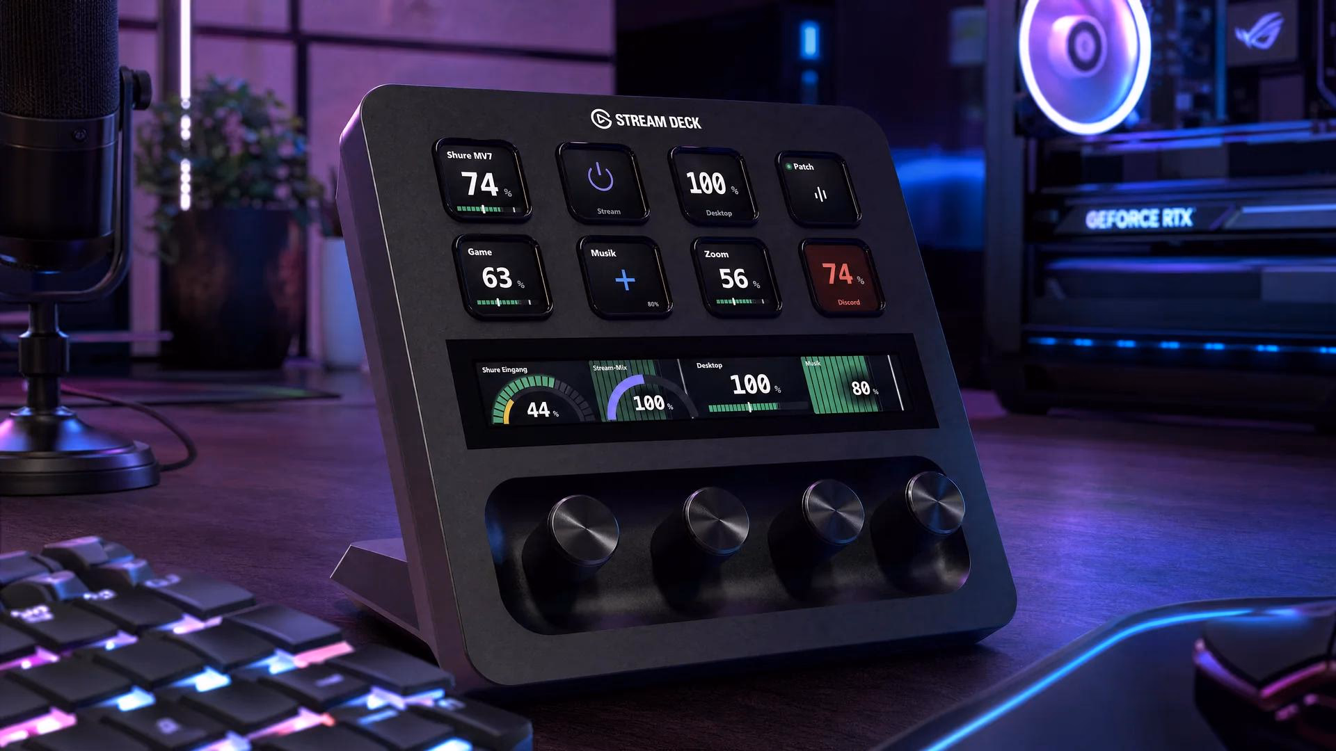 Stream Deck mit beleuchteten Tasten und Drehknöpfen auf einem Schreibtisch