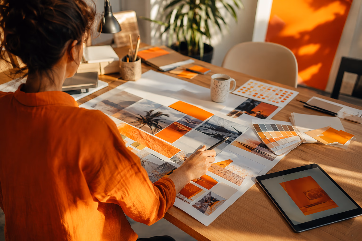 Eine Person gestaltet am großen Arbeitstisch eine Kampagne; Bildauswahl, Farbproben und Tablet liegen griffbereit