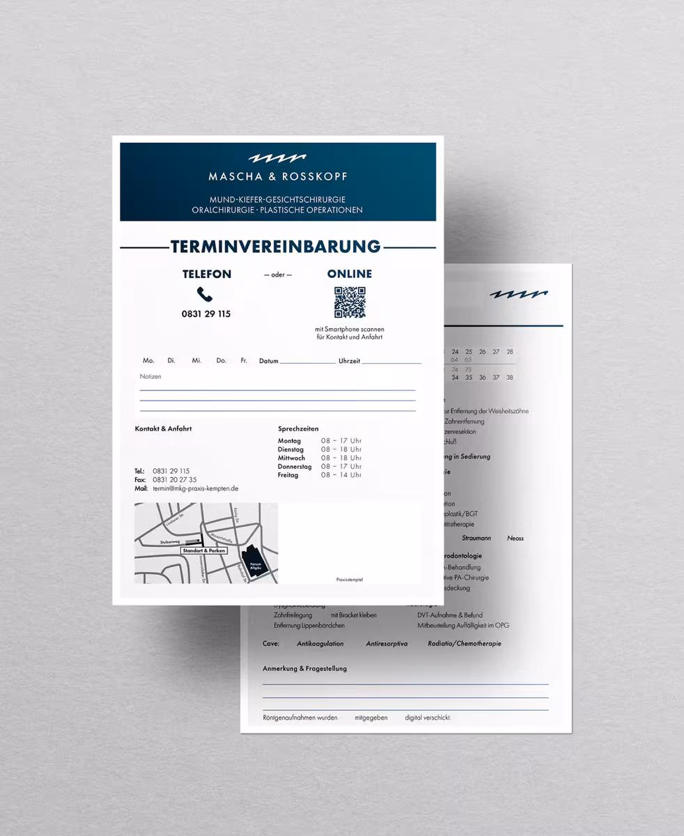 Terminvereinbarungs- und Informationsblatt der Praxis Mascha & Roßkopf