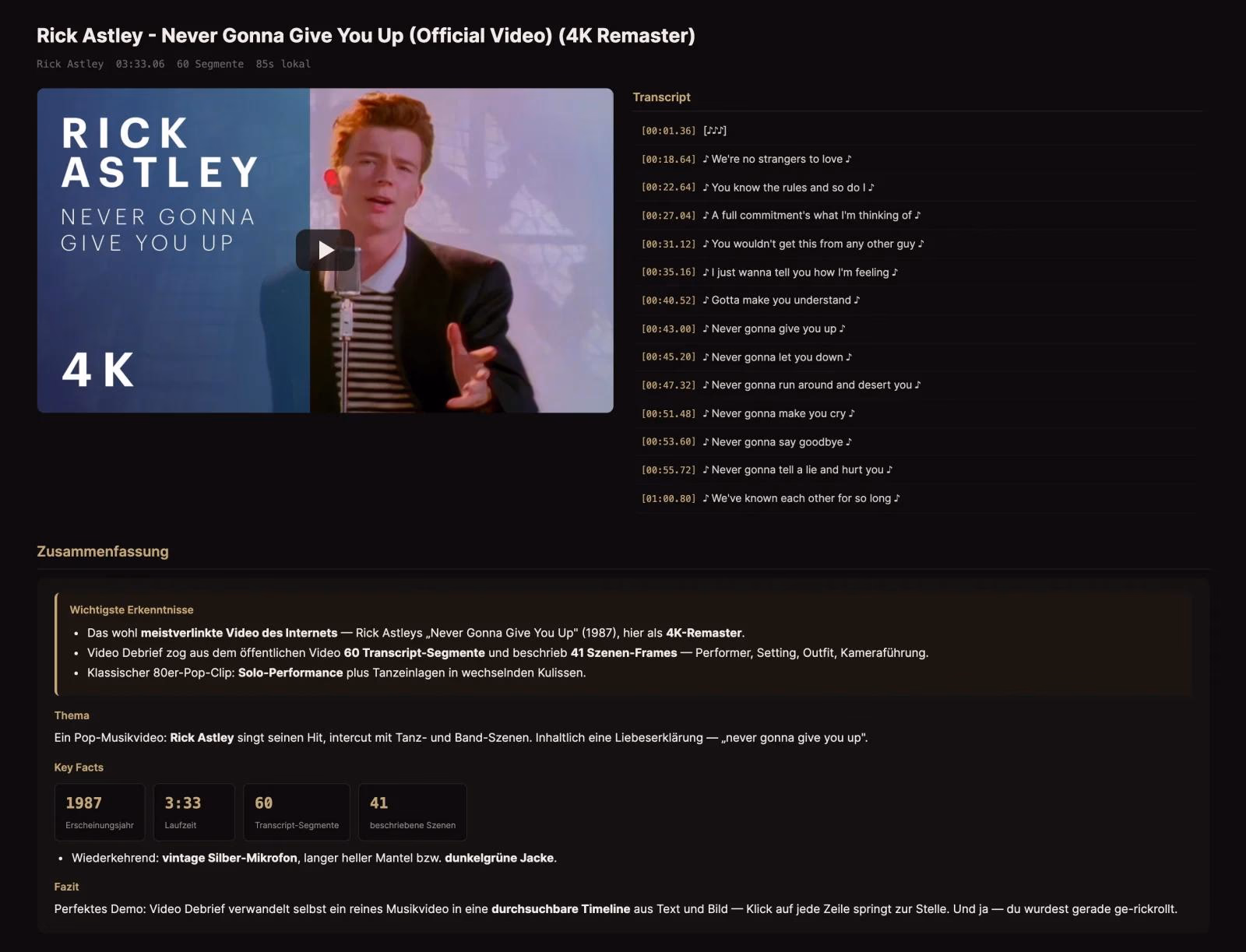 Video-Debrief-Demo: Rick Astley „Never Gonna Give You Up“ mit Transkript-Timeline