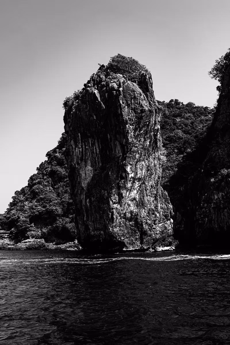 Thailand: Schwarzes Felsmassiv mit Vegetation am Wasser, aufgenommen in Schwarz-Weiß.