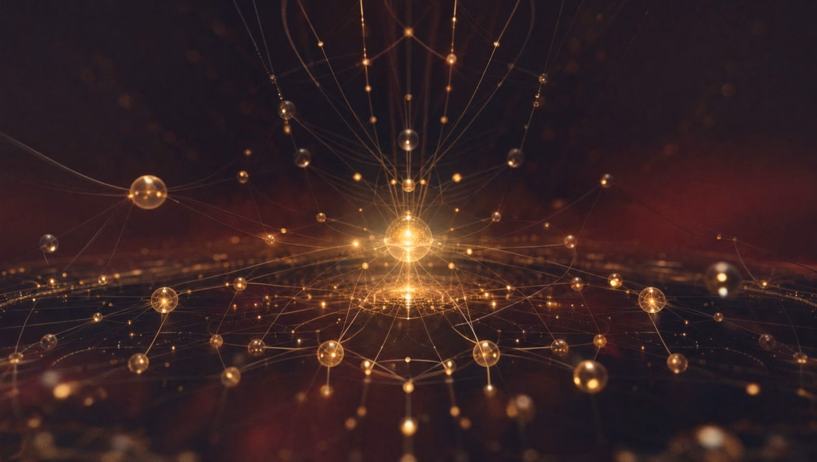 Goldene Netzwerk-Knoten mit leuchtenden Linien auf dunklem Hintergrund
