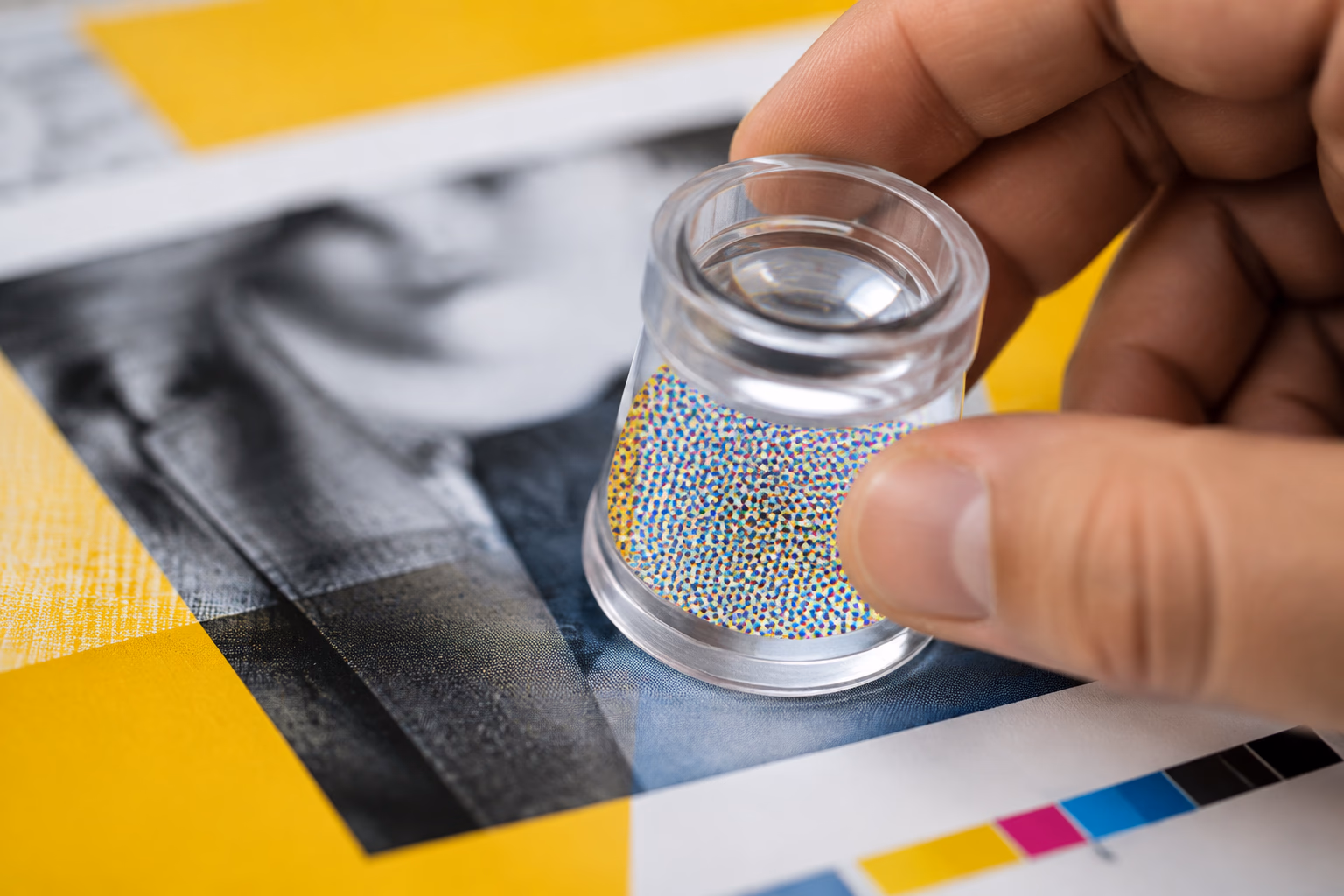 Nahaufnahme einer Hand, die mit einer transparenten Lupe Details eines gedruckten Kampagnenmotivs prüft
