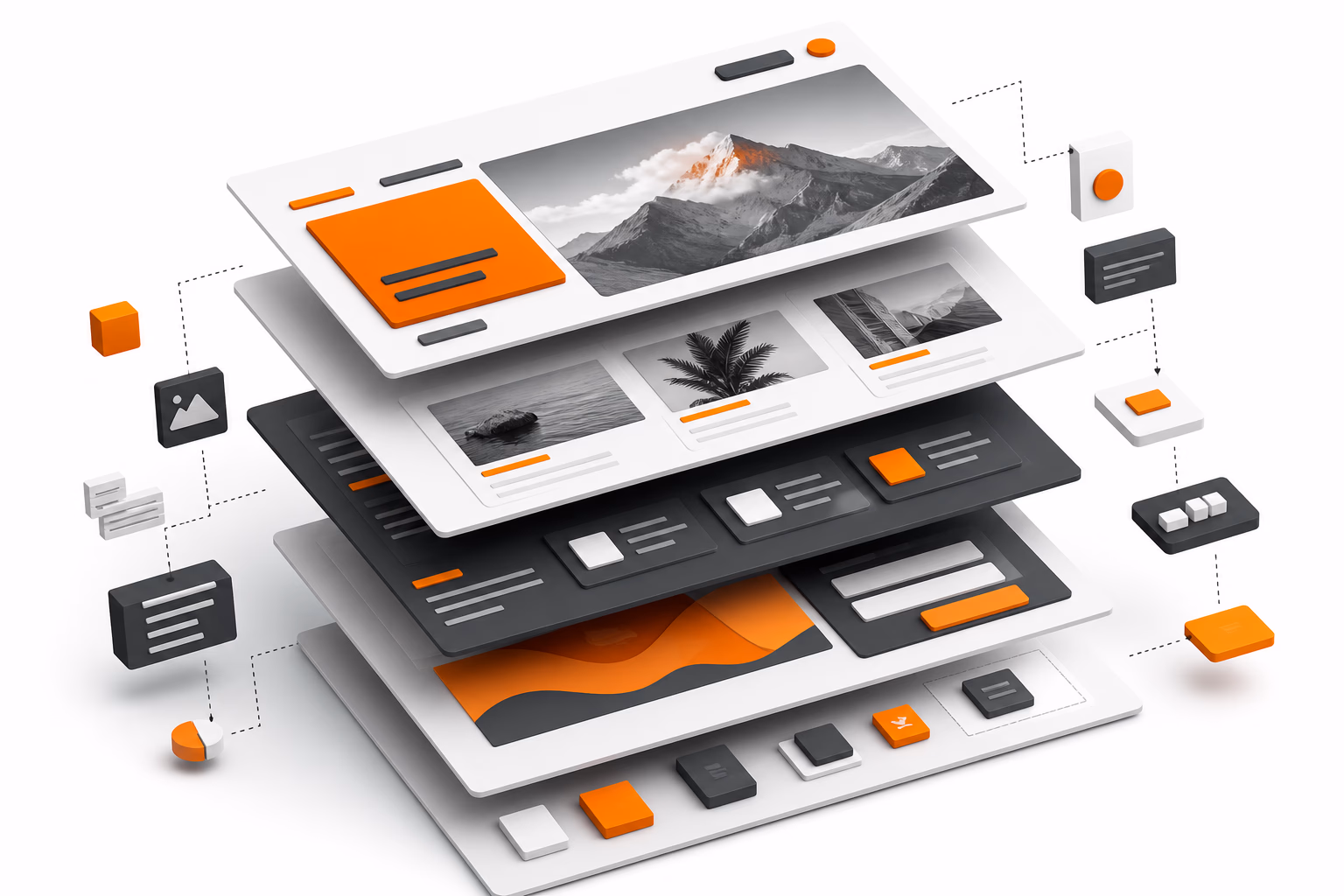 Explosionsdarstellung einer Website als taktile 3D-Schichten: Gestaltung, Bilder, Seiten und Funktionsbausteine werden sichtbar