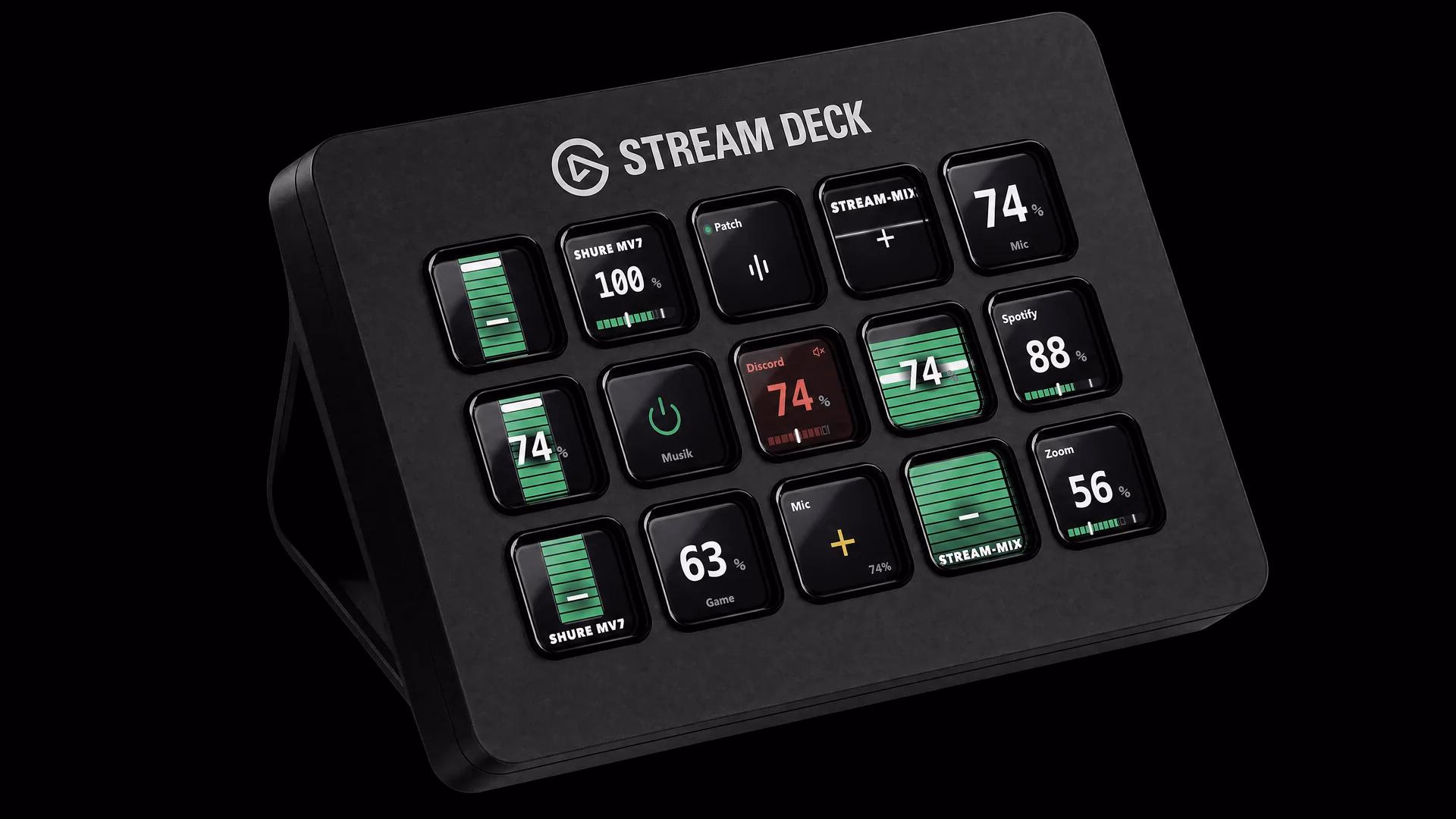 Stream Deck mit beleuchteten Tasten und Audiosteuerung auf schwarzem Hintergrund