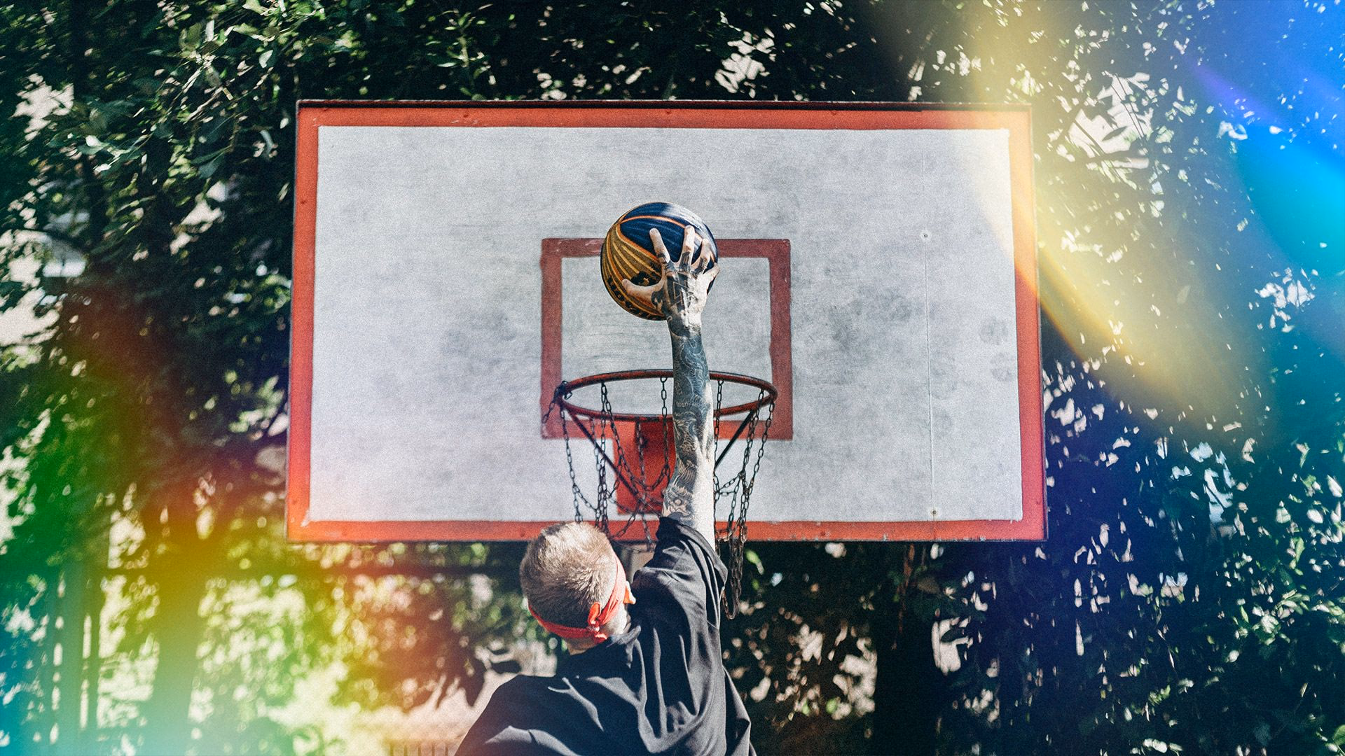 Basketballspieler legt Ball unter dem Korb ein, umgeben von Bäumen.