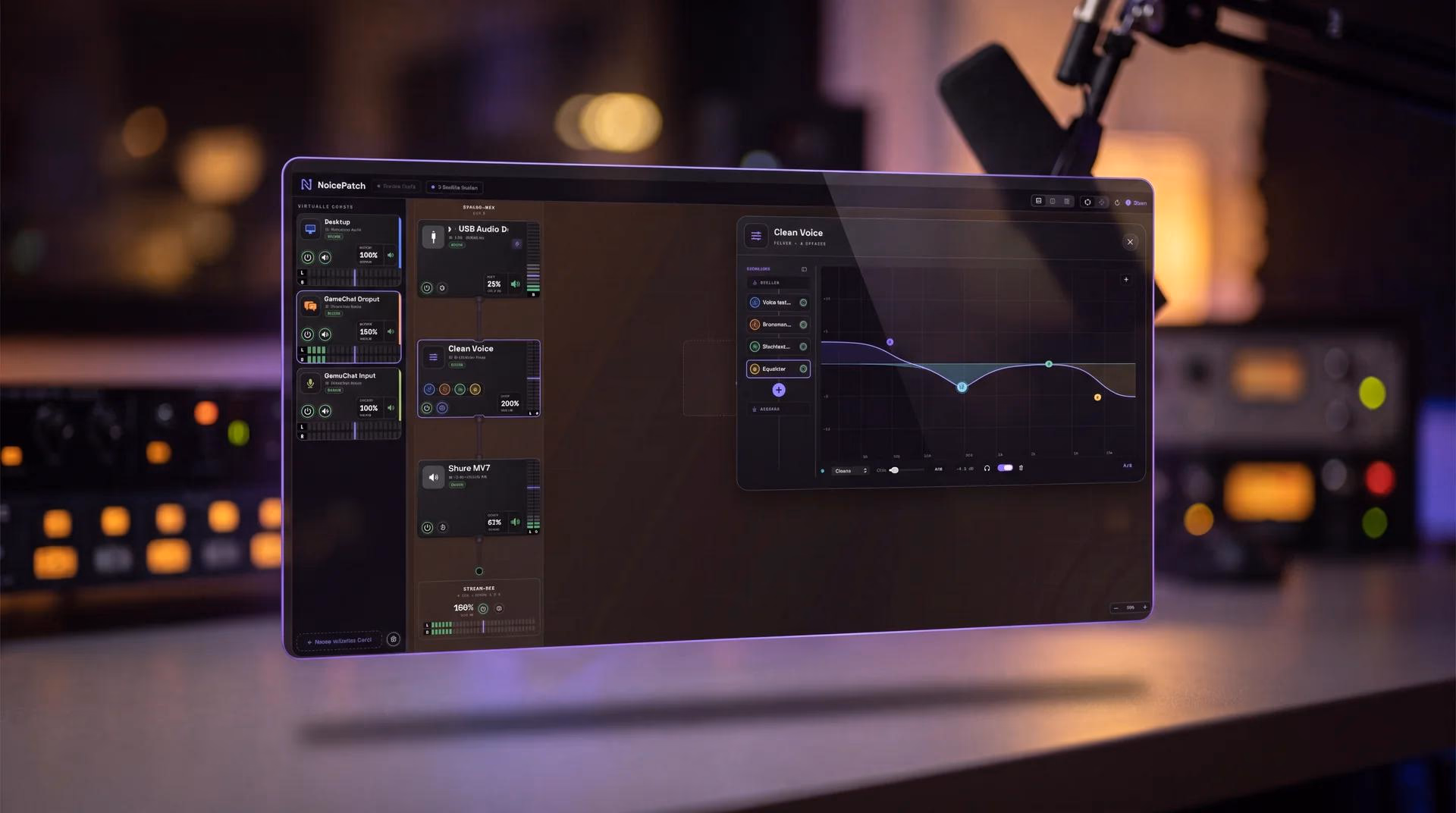 NoicePatch-Software mit Equalizer auf einem Tablet im beleuchteten Studio.