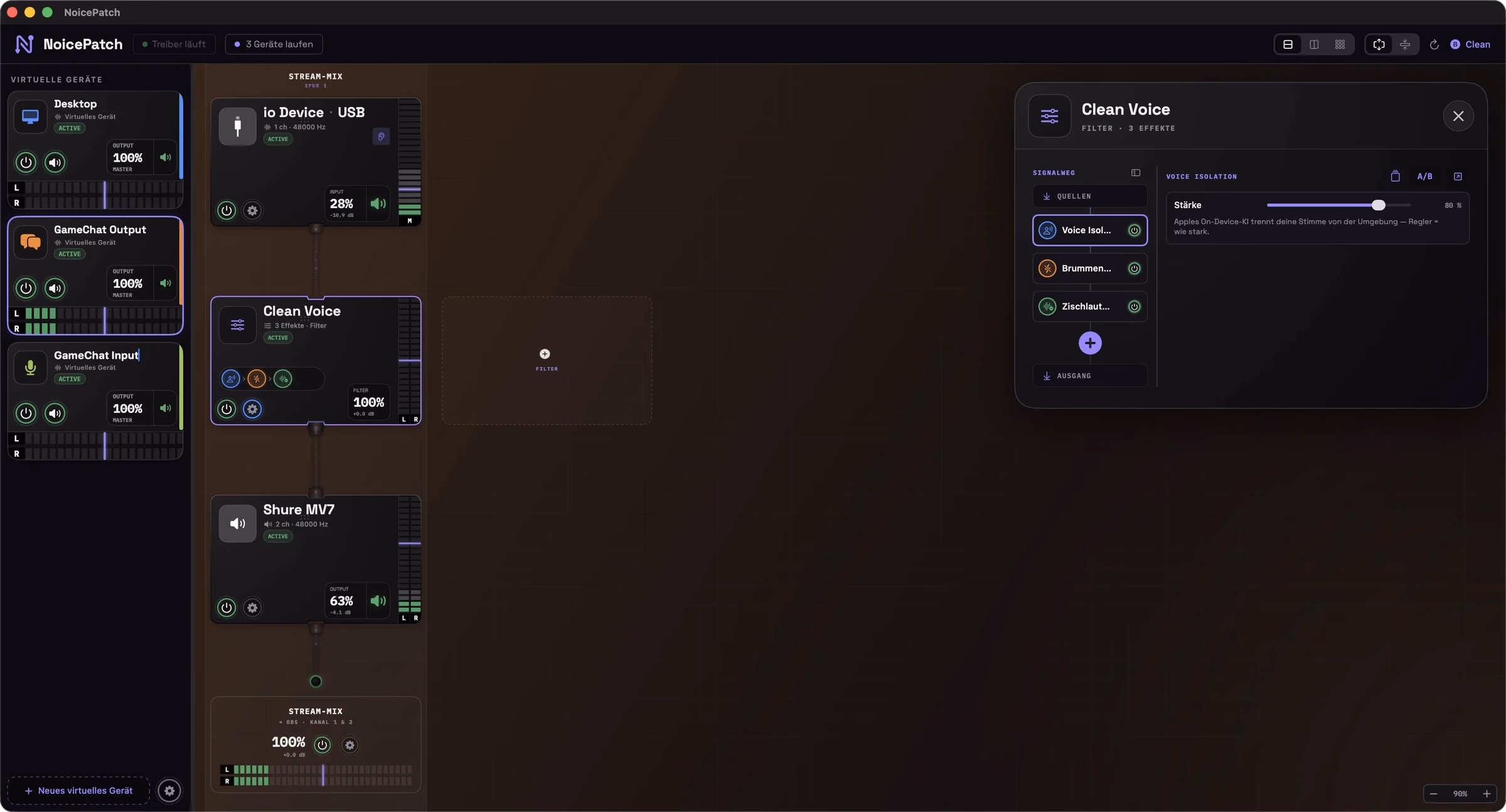 NoicePatch-Software mit virtuellen Audio-Geräten und Clean-Voice-Panel
