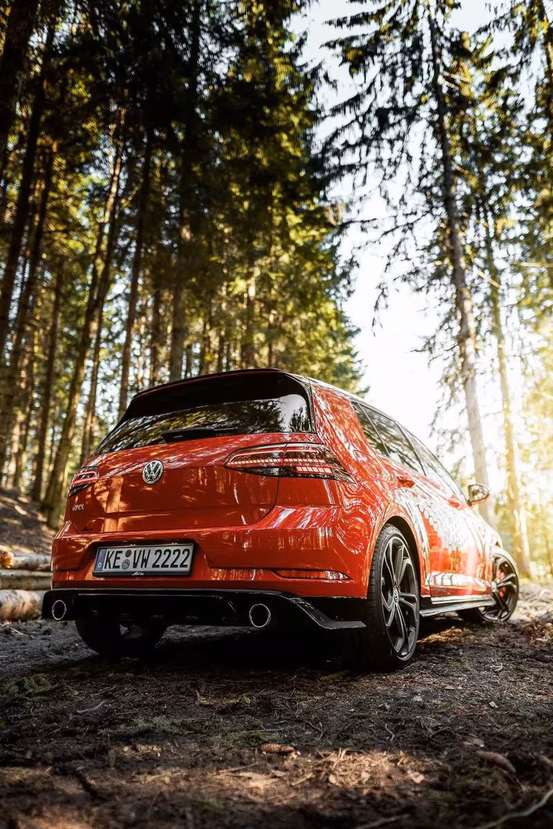 Volkswagen: Roter VW Golf GTI von hinten in einem Nadelwald