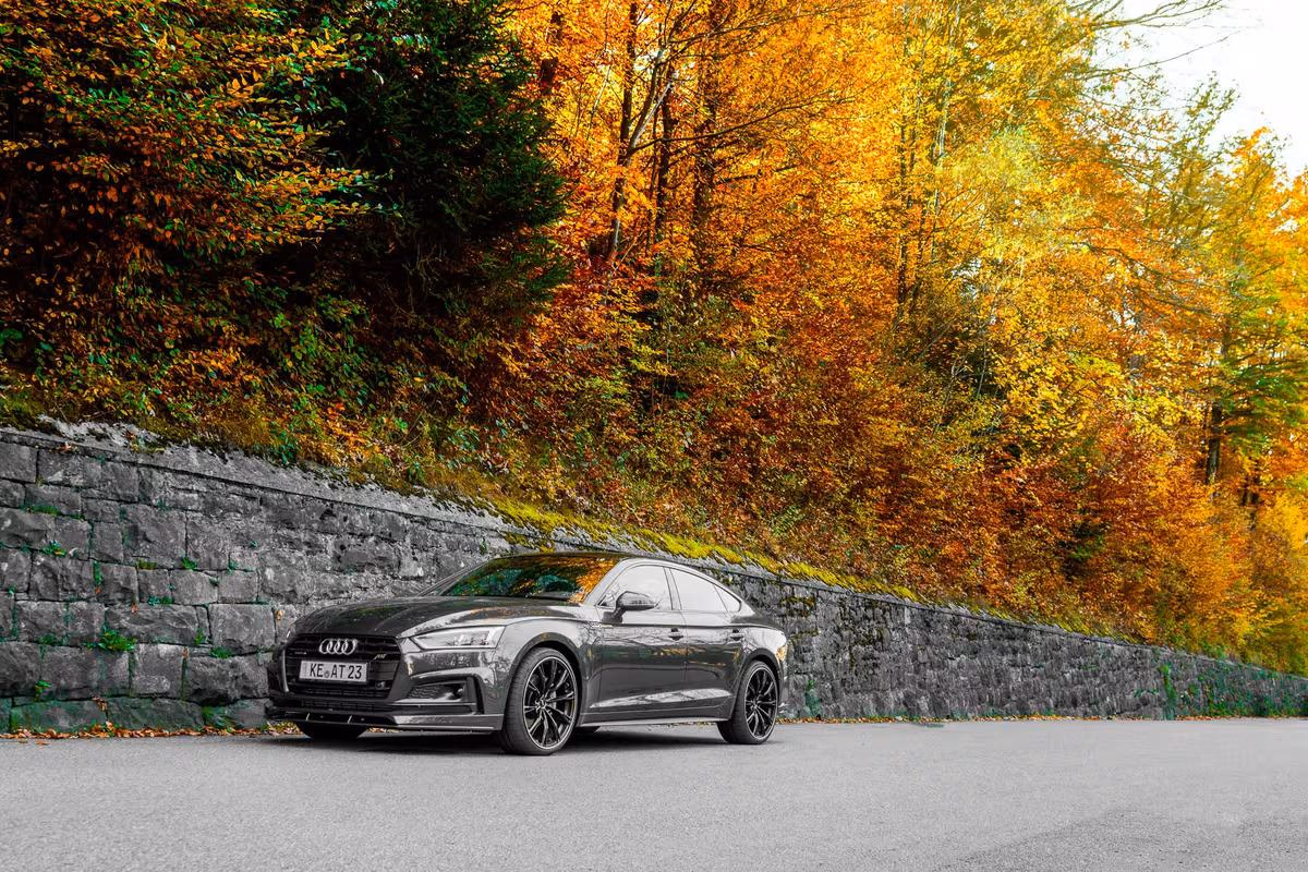 Grauer Audi Sportback vor herbstlichem Wald und Steinmauer