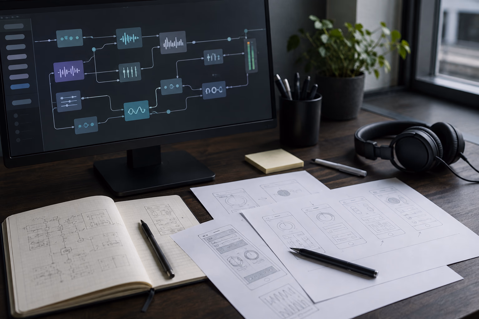 Konzeptionelles Stillleben mit abstrahiertem Audio-Routing auf einem Bildschirm und separaten App-Skizzen auf Papier