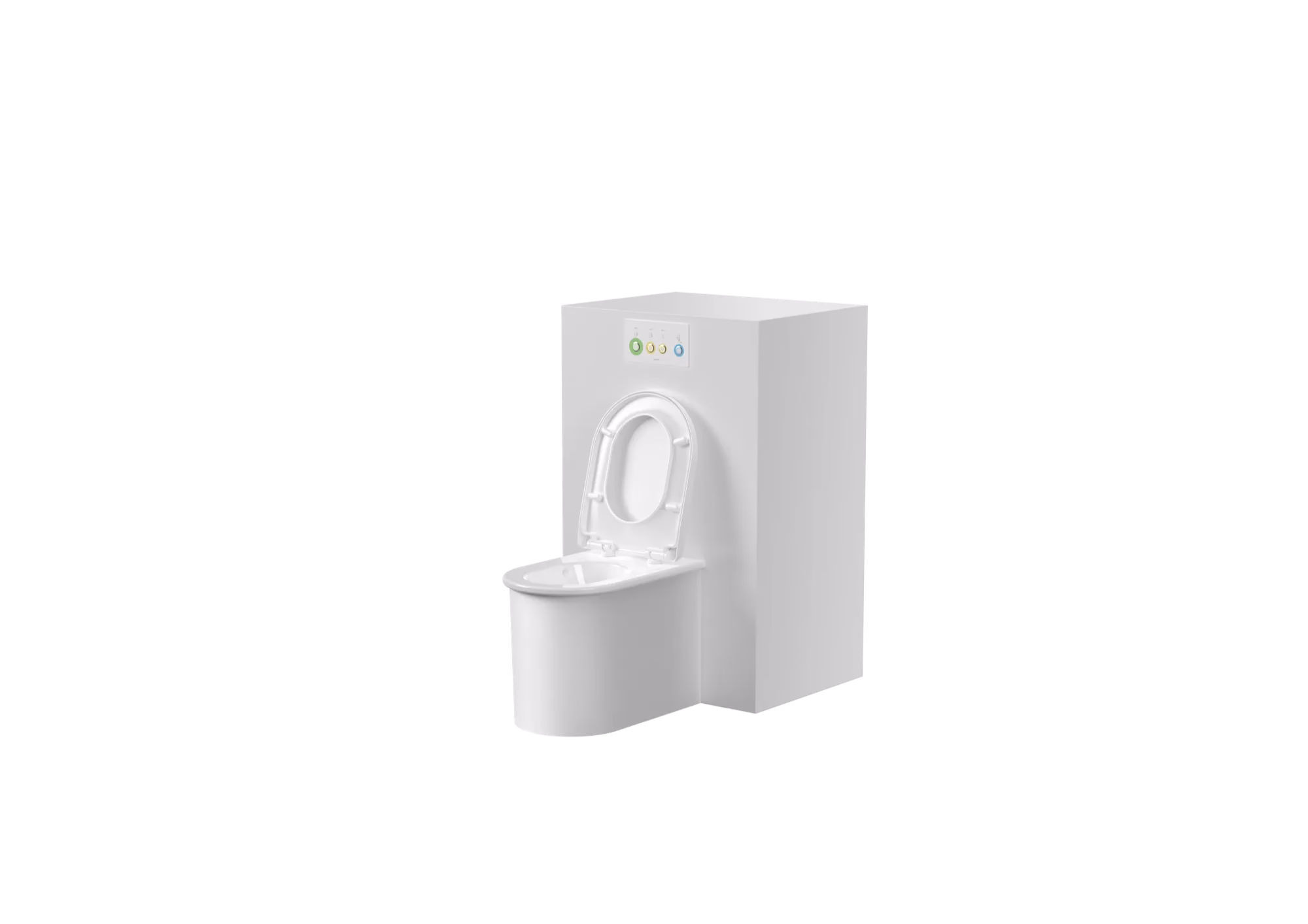 Weißer Jomoo-WC-Prototyp mit Spülkasten und Bedienelementen auf schwarzem Hintergrund.