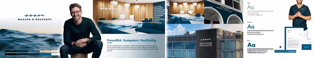 Design-Präsentation der Marke Mascha & Roßkopf mit Logos, Interieur und Typografie.
