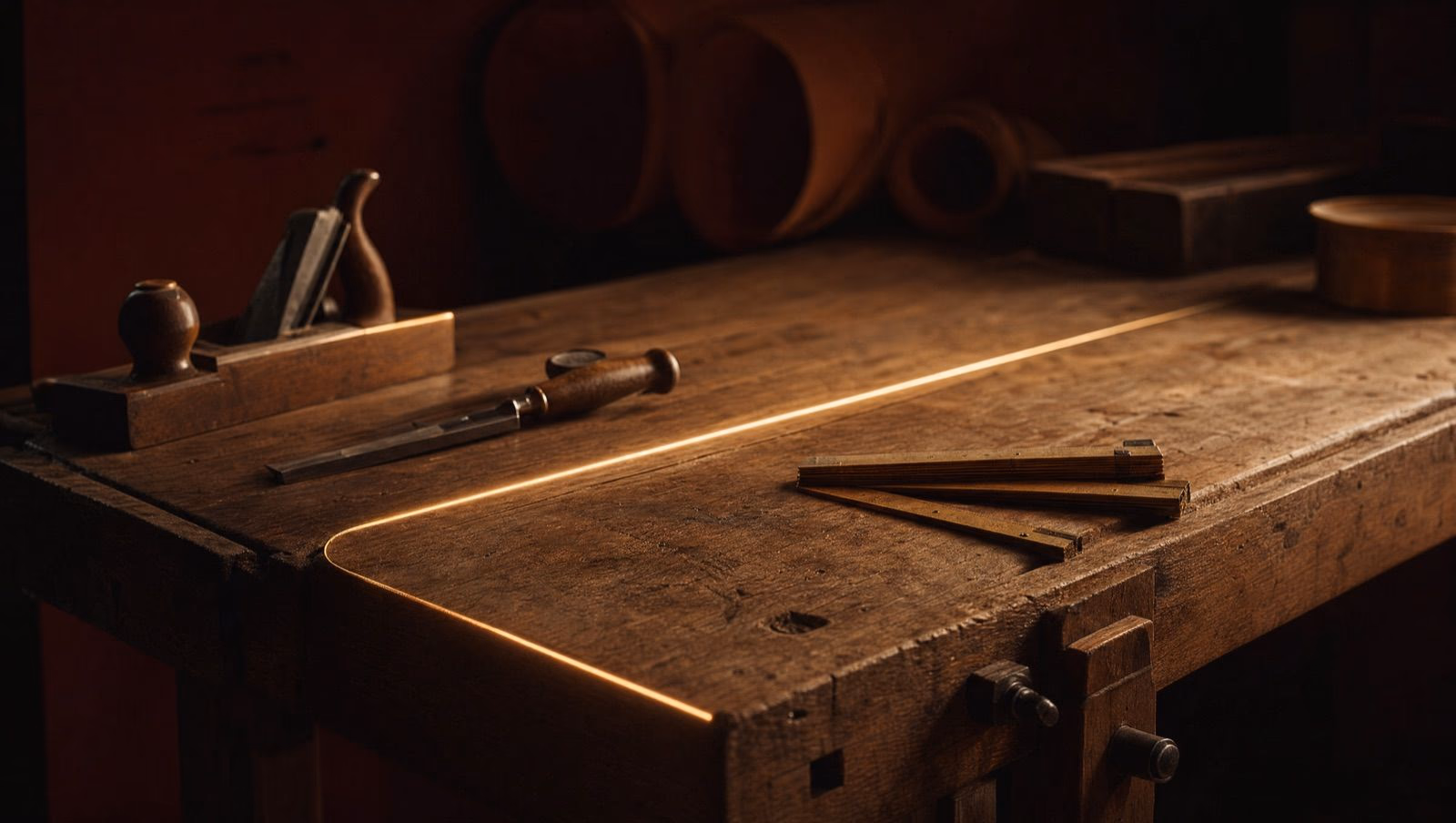 Altes Holzarbeitstisch mit Hobel, Messer und Zirkel im warmen Licht.
