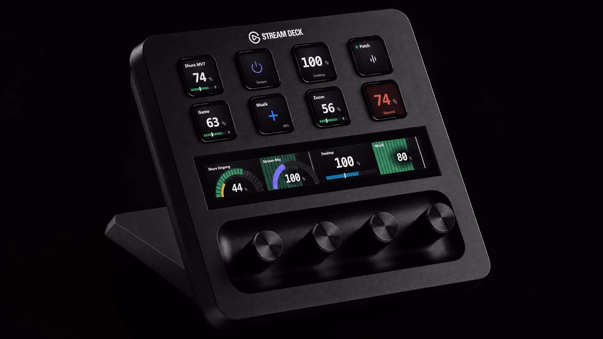 Stream Deck mit NoicePatch-Widgets und vier Drehknöpfen