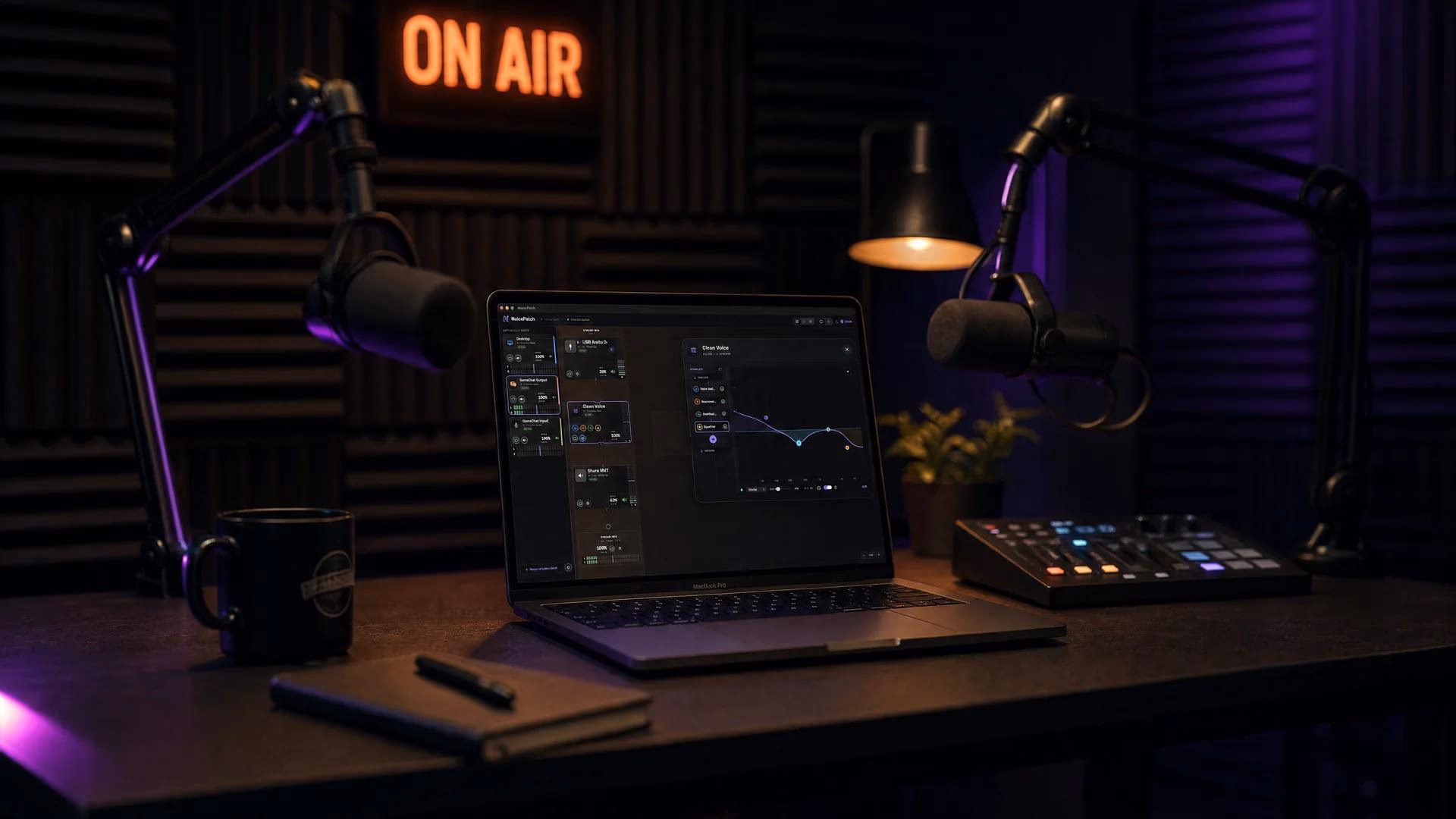 Podcast-Setup mit Laptop, Mikrofonen, Mischpult und leuchtendem „ON AIR“-Schild.