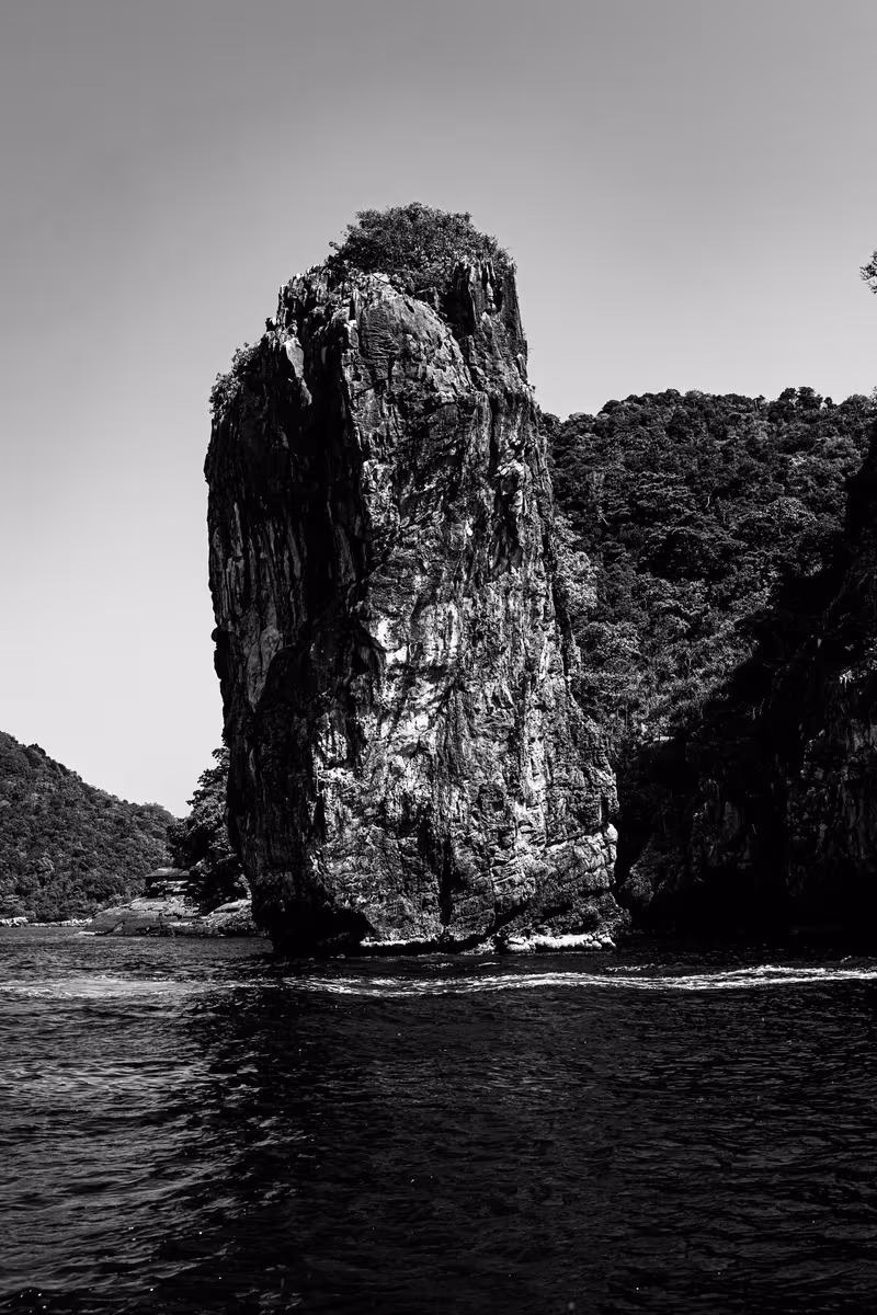 Thailand: Schwarzes Felsmassiv im Wasser vor bewaldetem Hang, Schwarz-Weiß-Fotografie.