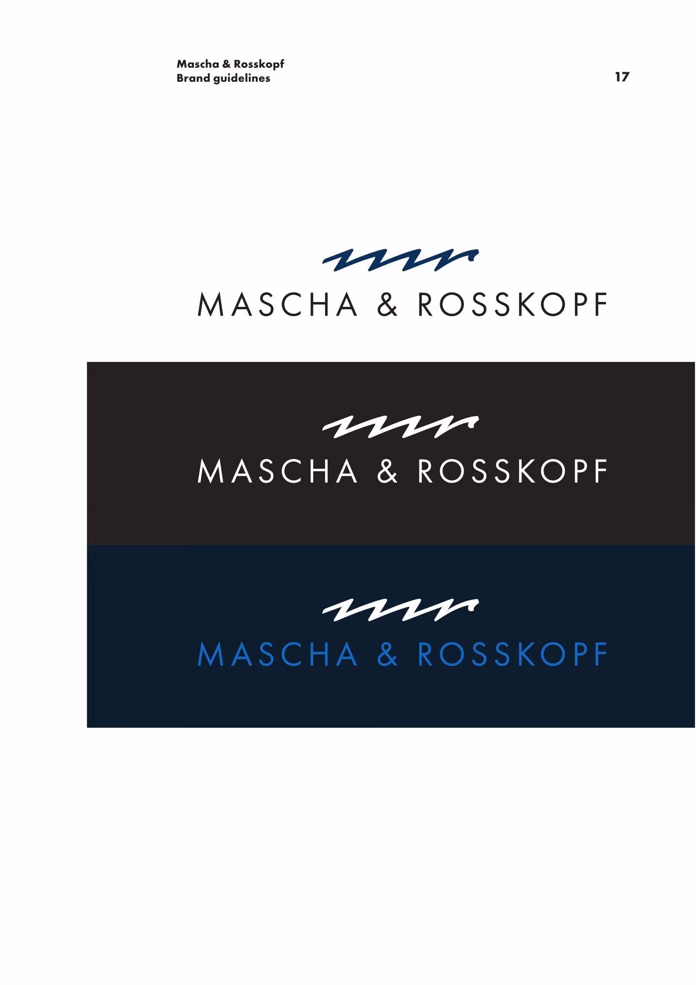 Logo-Varianten von Mascha & Roßkopf auf Weiß, Schwarz und Dunkelblau.