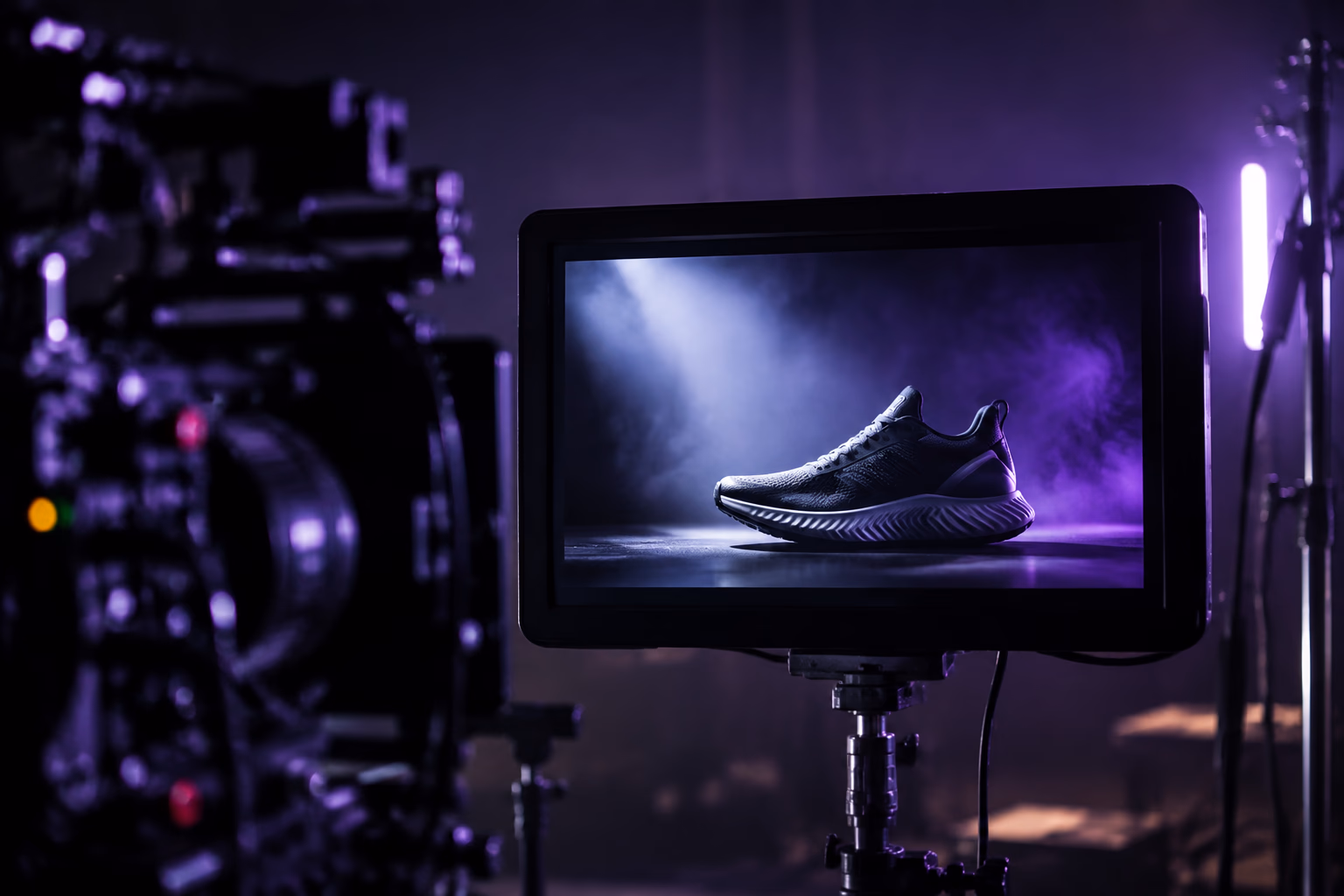 Blick auf einen professionellen Vorschaumonitor am dunklen Filmset: darauf ein dramatisch beleuchteter unbeschrifteter Sportschuh