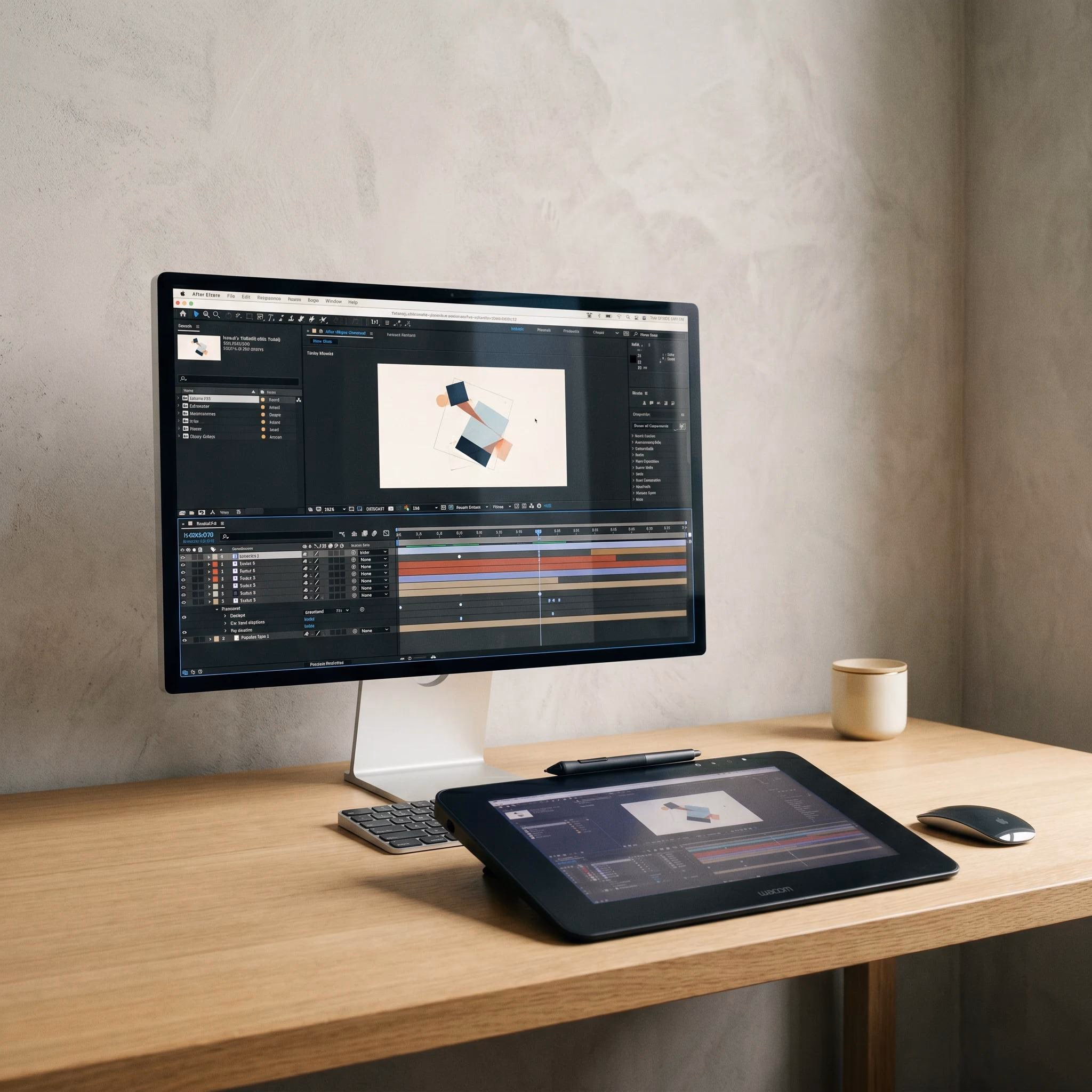 Motion Graphics — Designer-Studio: Apple Studio Display mit AE-Timeline, Wacom Cintiq Pro.